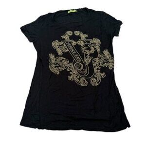 Versace Jeans Black Gold Signature Tee T-shirt 42 US 6 studded rhinestones